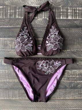 Becca By Rebecca Virtue Halter Top Embroidered Bikini